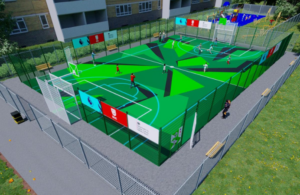 A sketch or drawing of a football play zone