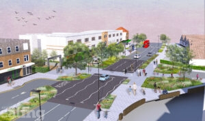 An artist's impression of what the Islip Manor/ Mandeville Road will look like after improvements work is complete. Visuals includes wide pavements, greenery and no entry points.