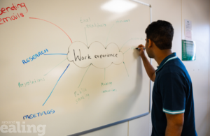 Student writing on white board