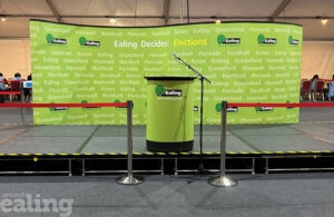 Stage and podium at general election count July 2024