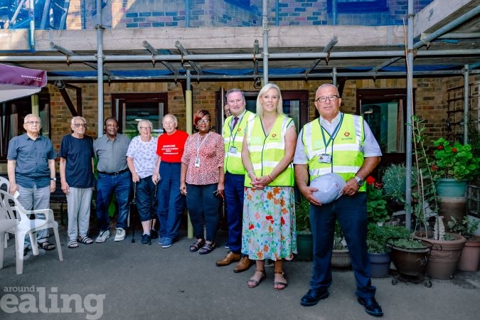 Councillor Louise Brett meeting residents of Benjamin Court in Hanwell with representatives from Bauder and Greyline to celebrate the buildings revolutionary new insulation