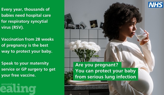 Pregnant woman drinking water with text 'Are you pregnant? You can protect your baby from serious lung infection.