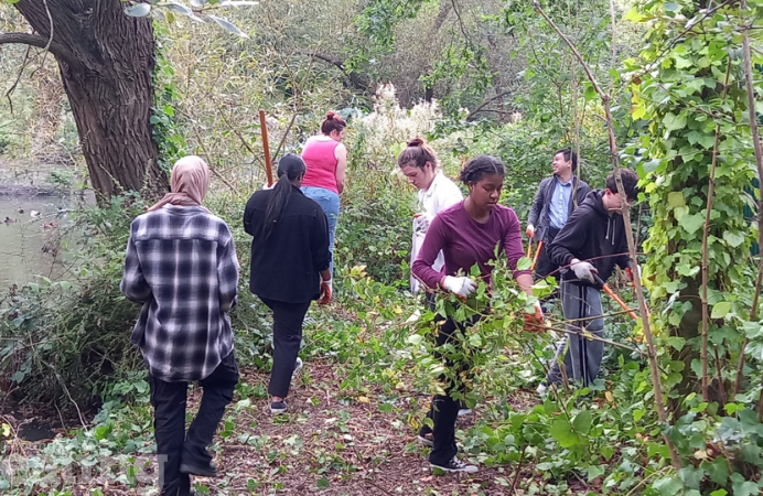 A team of apprentices gardening in a forest at Hanwell Zoo.