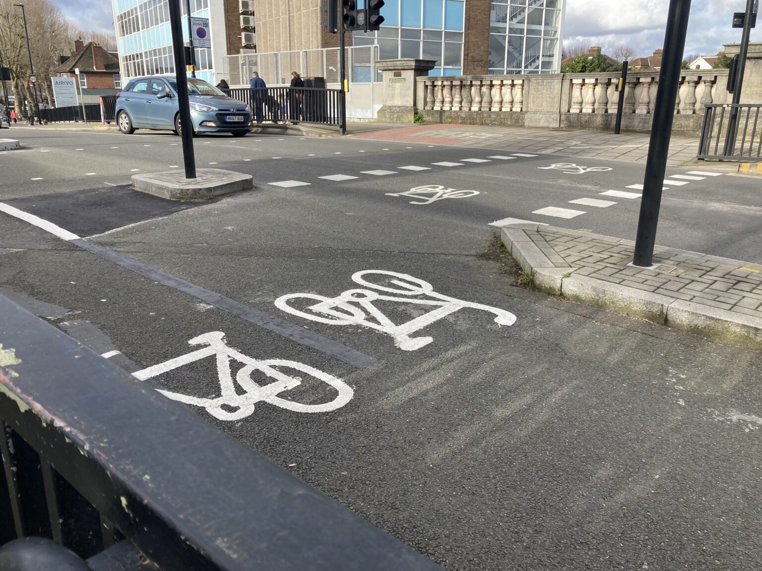 A picture of the cycle lane outside Boston Manor Station in Hanwell.