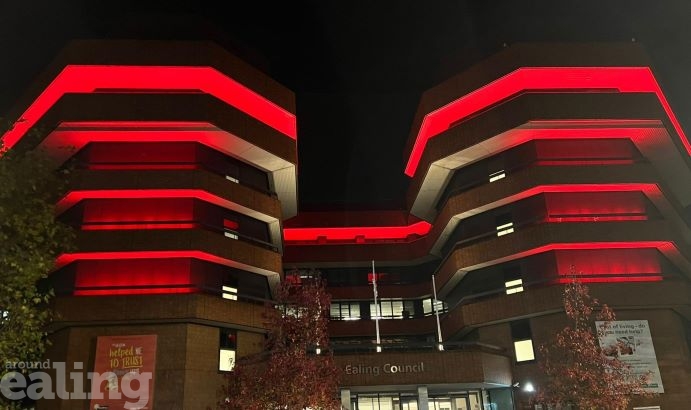 Ealing Council's building lit up red for World Aids Day