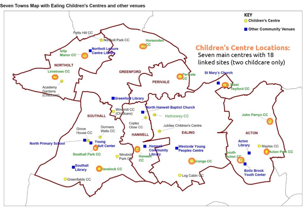 A map showing 25 children centres in Ealing