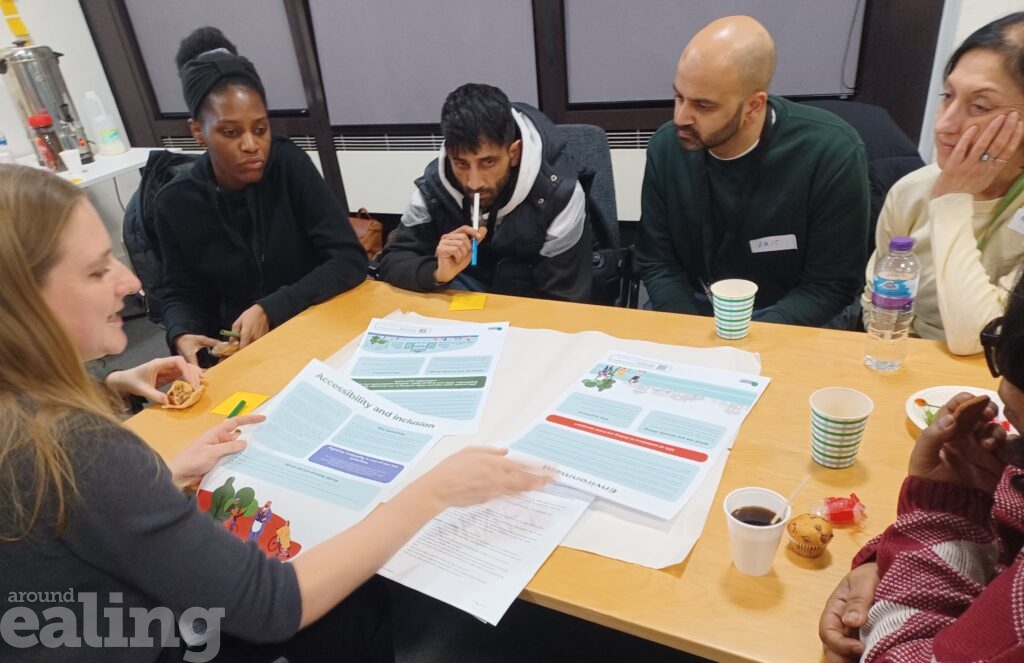 A group of residents discussing transport in Ealing around a table.