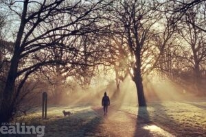 woman and dog walking along path in Pitshanger Park with sun coming through the bare branches on the trees