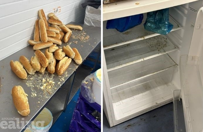 Poor hygiene with dirty work surfaces and fridge at Bread Spread