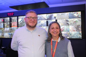 Cllr Jasbir Anand and Jason Hawes inside the council's CCTV room