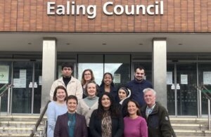 Learn Ealing team and Cllr Nagpal standing outside Perceval House