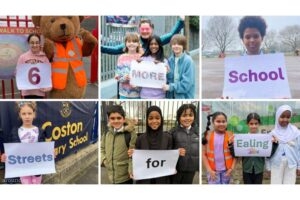 A selection of school children from the 6 new school street schools, holding words to make up the sentence '6 more school streets for Ealing.'