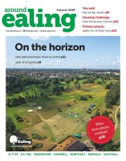 front cover of Around Ealing autumn 2024 featuring aerial view of Pear Tree Park